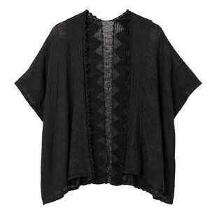 Black Textured Gauze Kimono Cardigan Pom Pom Trim Sheer Back Wrap One Size